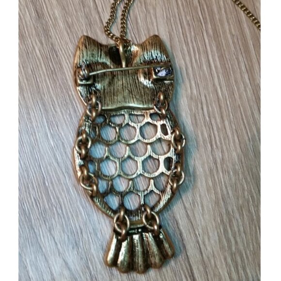 Vintage SHB Avon OWL Convertible Long Chain Necklace or Brooch Pin, Brass Gold. - Picture 3 of 4
